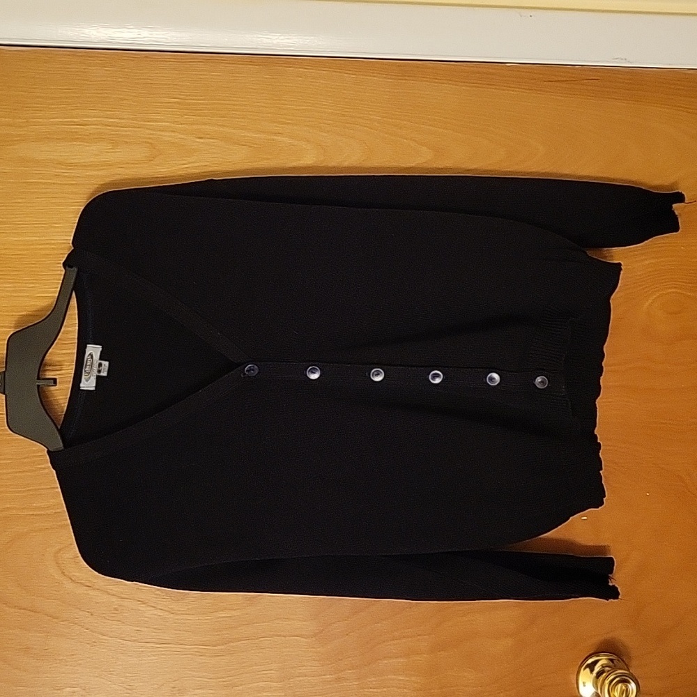 Navy, button front knit sweater. Size L